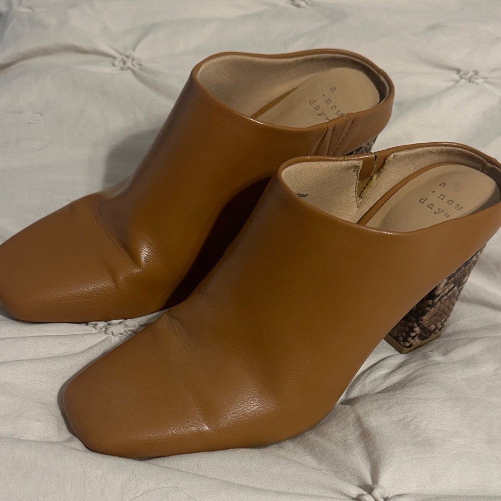 a new day Tan Mules with Snakeskin Block Heel